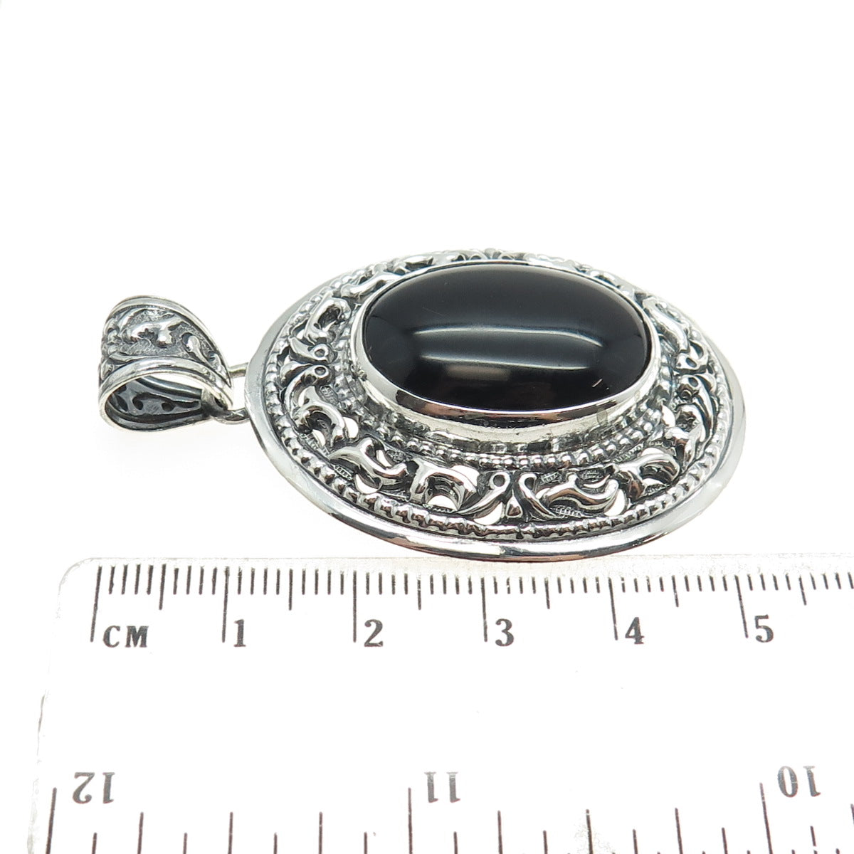 925 Sterling Silver Vintage Real Black Onyx Gemstone Ornate Pendant