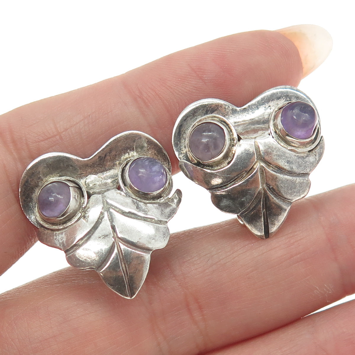 925 Sterling Silver Antique Mexico Real Amethyst Gem Heart Screw Back Earrings