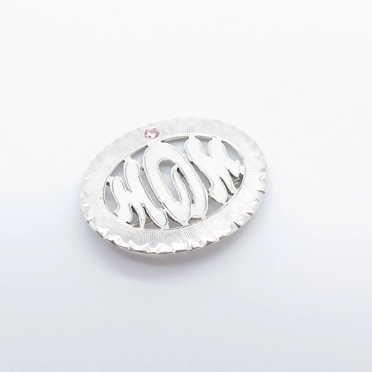925 Sterling Silver Vintage C Z "MOM" Textured Oval Pin Brooch