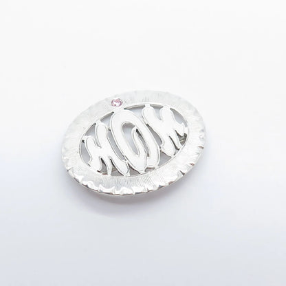 925 Sterling Silver Vintage C Z "MOM" Textured Oval Pin Brooch
