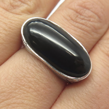 925 Sterling Silver Vintage Real Black Onyx Gemstone Elongated Ring Size 7.5