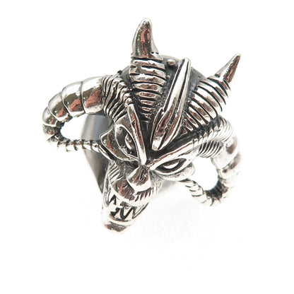 925 Sterling Silver Vintage Demon Skull Oxidized Adjustable Ring Size 9.5