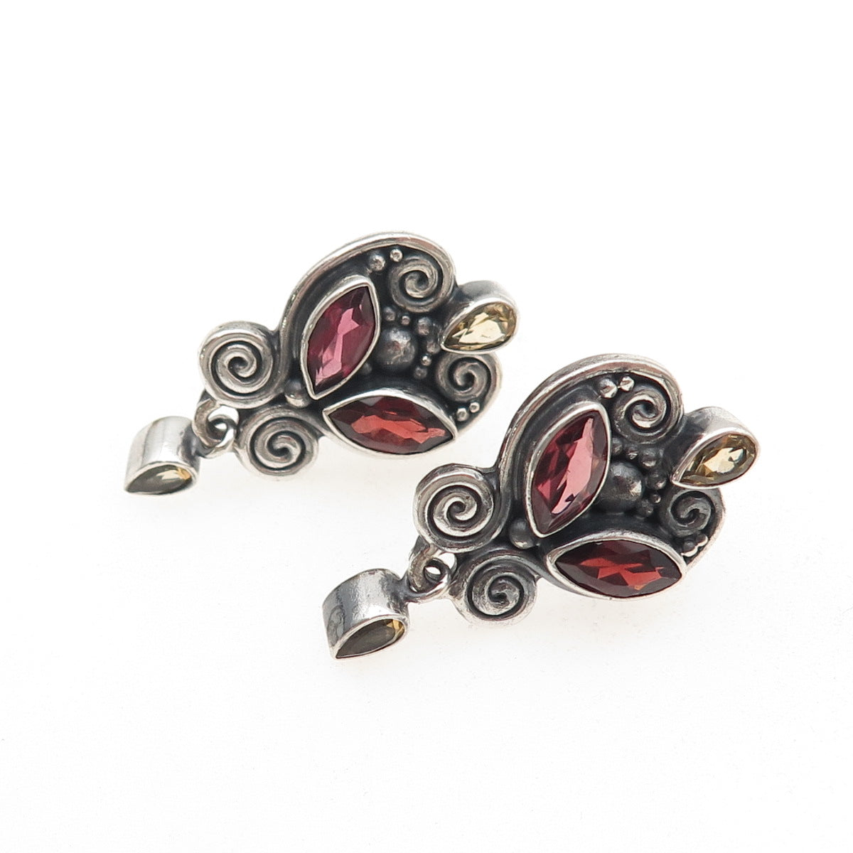 SAJEN 925 Sterling Silver Vintage Real Red Garnet & Citrine Oxidized Earrings
