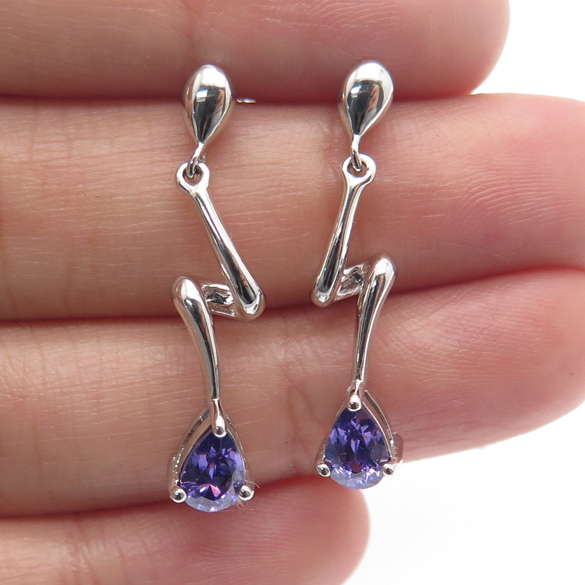 925 Sterling Silver Real Pear-Cut Amethyst Zig Zag Dangle Earrings