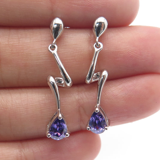 925 Sterling Silver Real Pear-Cut Amethyst Zig Zag Dangle Earrings