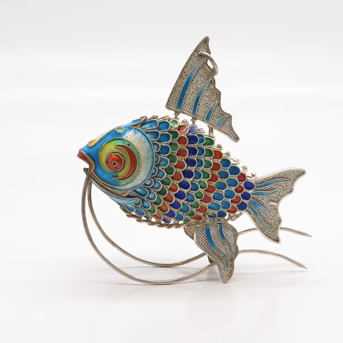 925 Sterling Silver Antique Enamel Chinese Koi Fish Chatelaine Articulated Fob