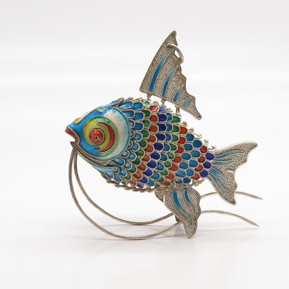 925 Sterling Silver Antique Enamel Chinese Koi Fish Chatelaine Articulated Fob