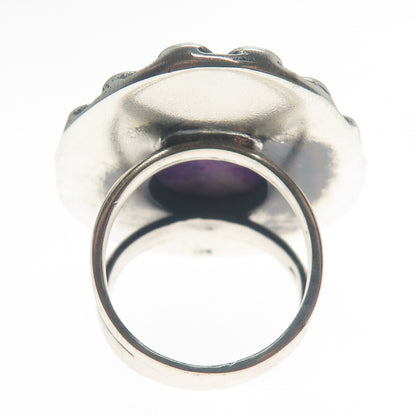 925 Sterling Silver Vintage Real Pear-Cut Charoite Spiral Oxidized Ring Size 8