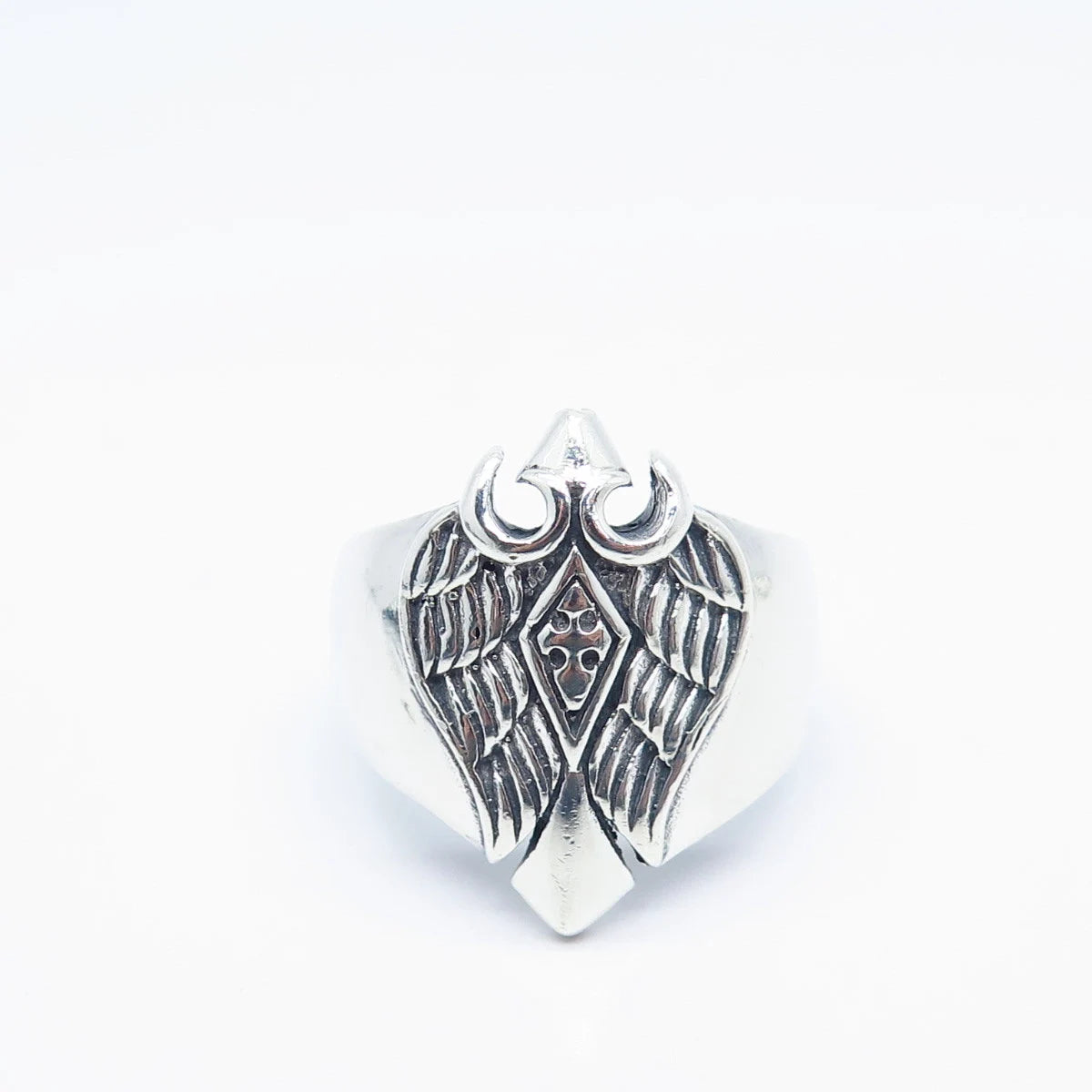 925 Sterling Silver Vintage Cross & Eagle Wings Ring Size 11.75