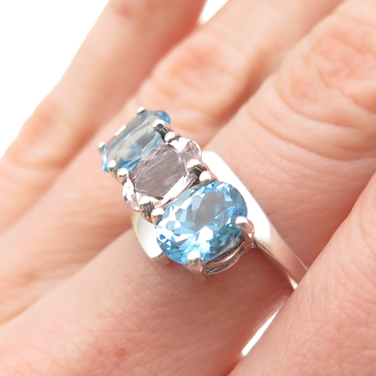 925 Sterling Silver Vintage Real Oval-Cut Blue Topaz & Kunzite Ring Size 6.75