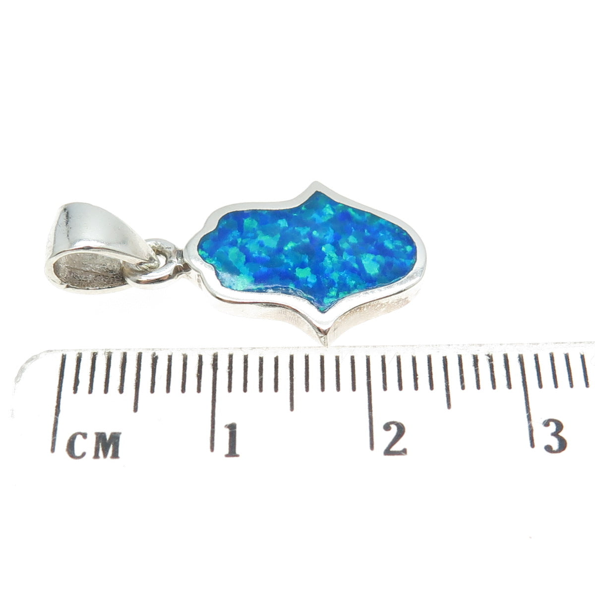 925 Sterling Silver Real Opal Gem Inlay Hamsa / Hand of Fatima Pendant