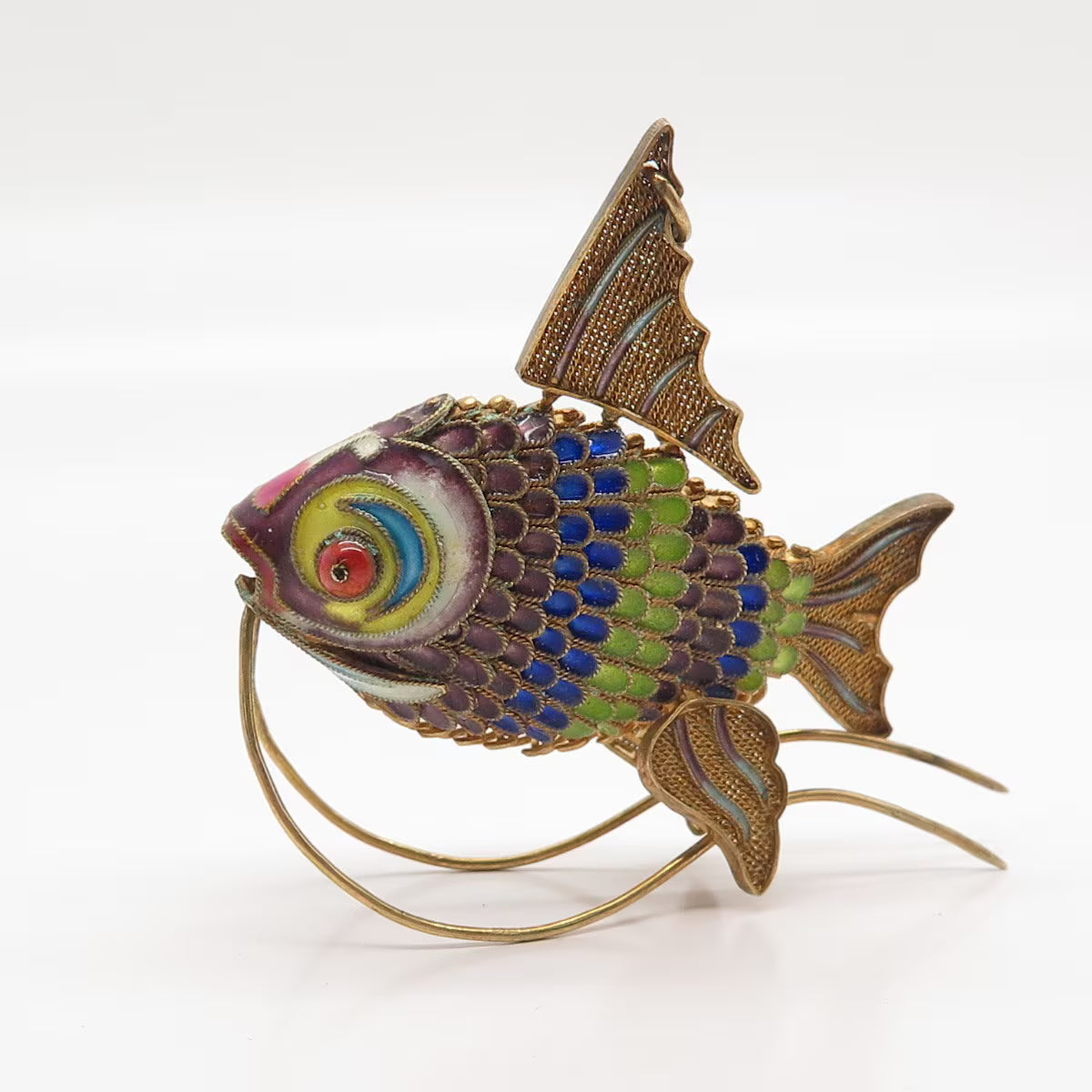 925 Sterling Silver Gold Plated Enamel Antique Chinese Koi Fish Articulated Fob