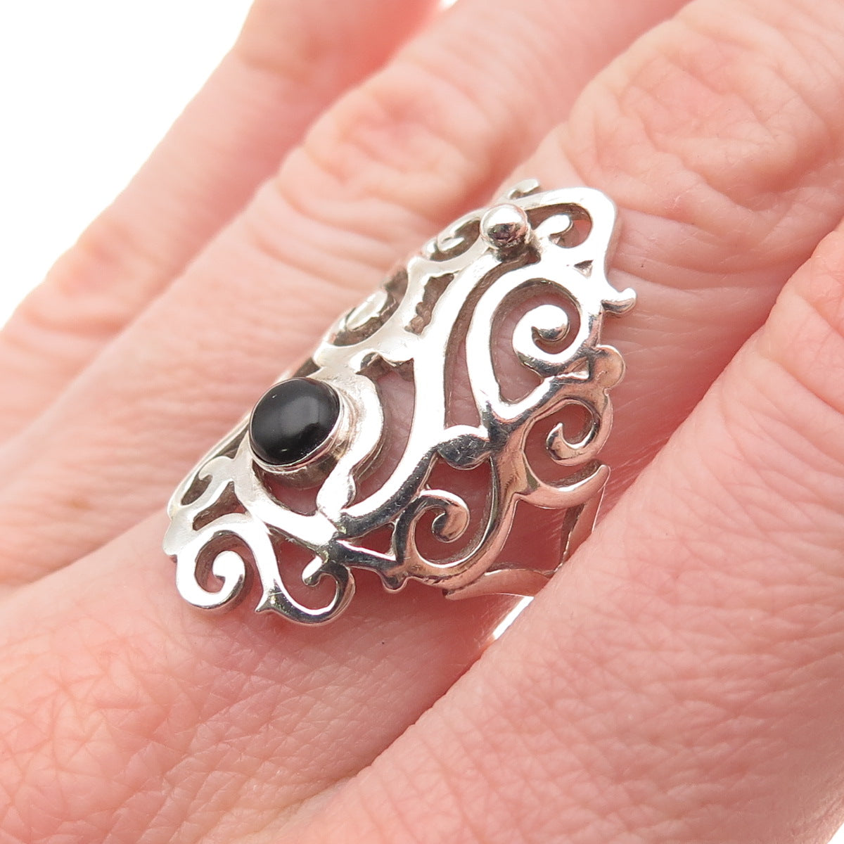 Nuris 925 Sterling Silver Vintage Real Black Onyx Modernist Swirl Ring Size 7