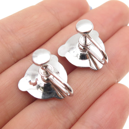 925 Sterling Silver Antique Art Deco Real Pearl Flower Screw Back Earrings