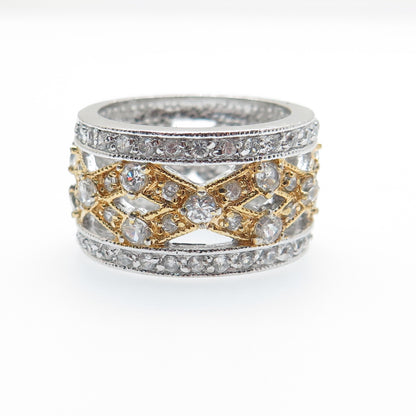 925 Sterling Silver 2-Tone Round-Cut C Z Zig Zag Band Ring Size 7