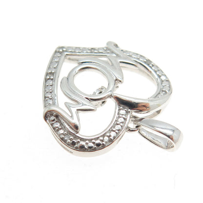 925 Sterling Silver Real Round-Cut Diamond "MOM" Heart Pendant
