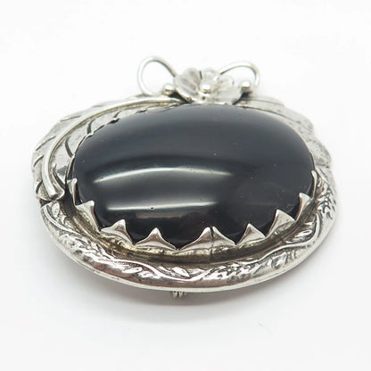 925 Sterling Silver Vintage Mexico Real Black Onyx Gemstone Floral Pin Brooch