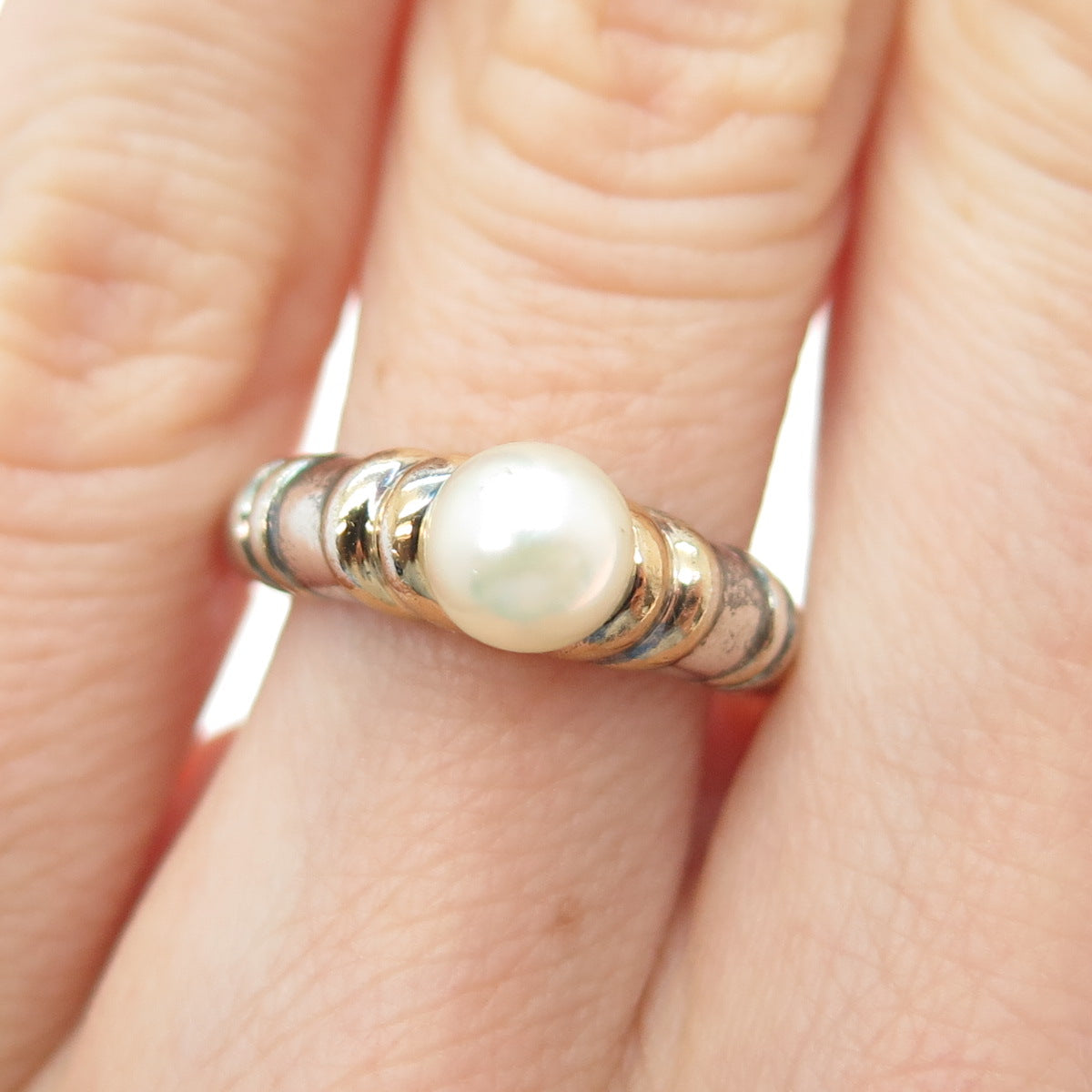 CNA PRANDA 925 Sterling Silver 2-Tone Vintage Real Pearl Oxidized Ring Size 6