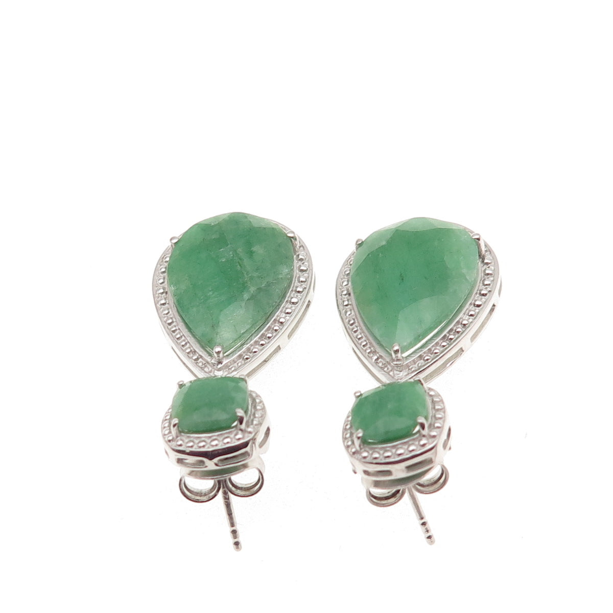 925 Sterling Silver Real Cushion & Pear-Cut Emerald Dangle Earrings