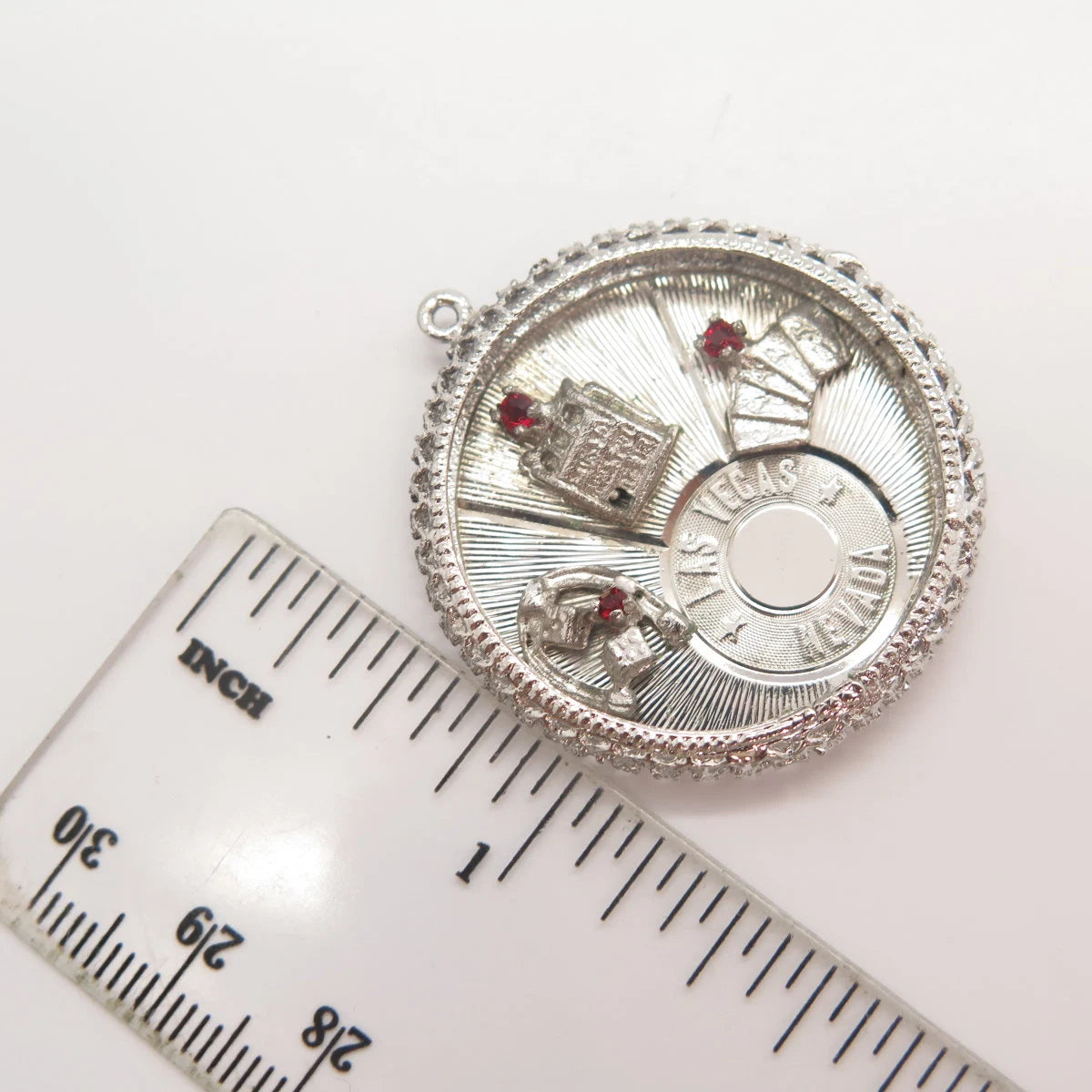 925 Sterling Silver Vintage Red Garnet-Tone Glass "Las Vegas Nevada" Pendant