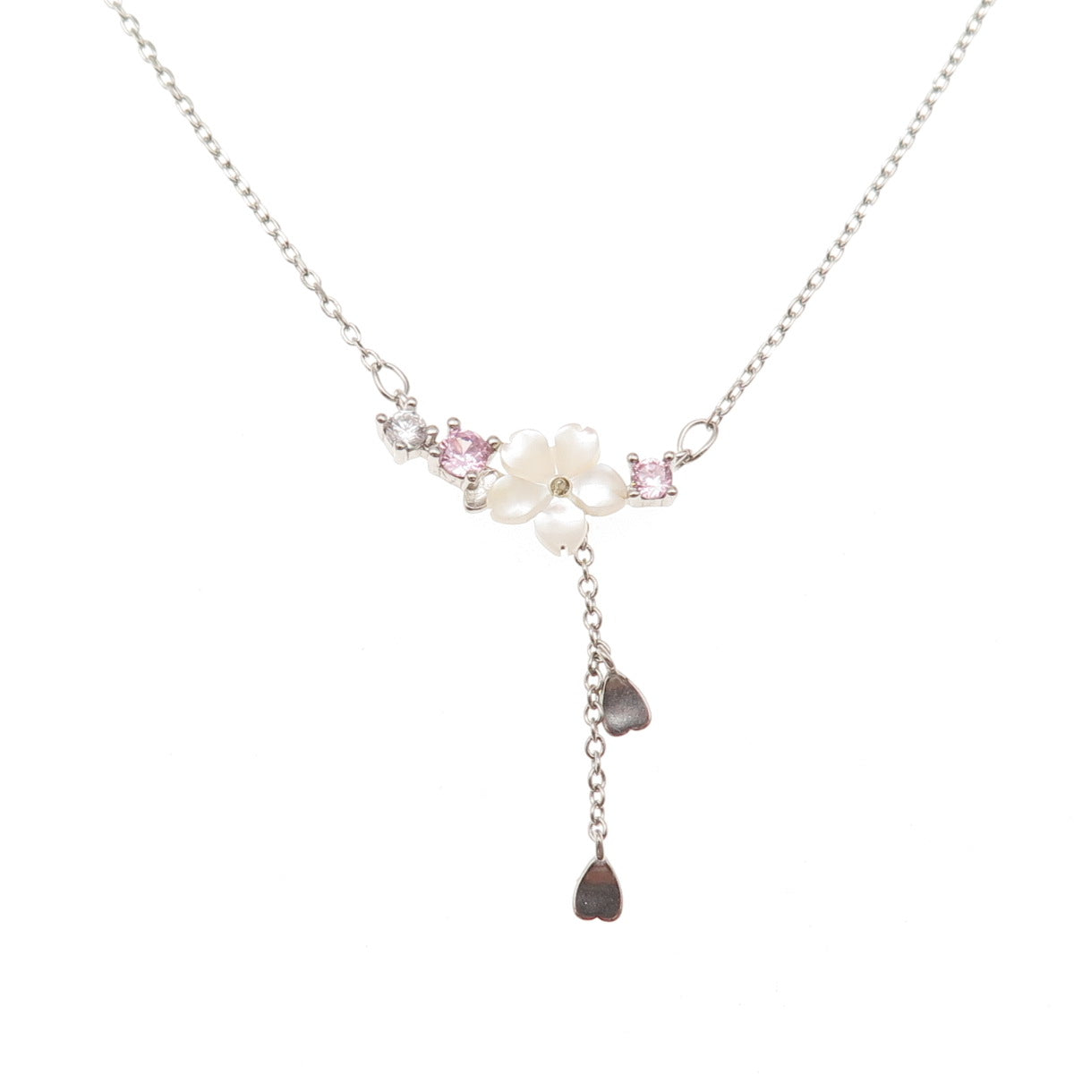 925 Sterling Silver Real MOP & C Z Floral Cable Chain Necklace 16-18"