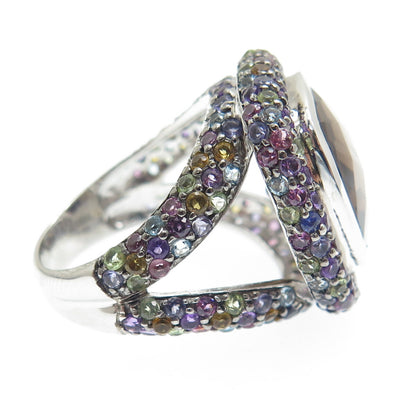 DSMK 925 Sterling Silver Real Multi-Color Gemstone Cushion Ring Size 7.25