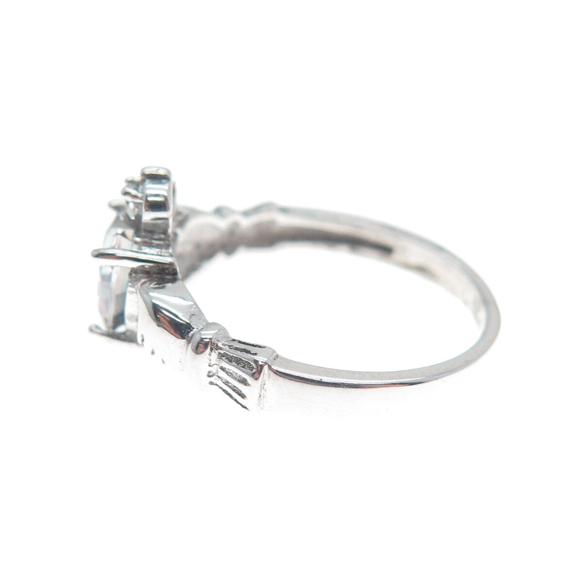 925 Sterling Silver Heart-Cut Mystic Quartz & C Z Irish Claddagh Ring Size 6