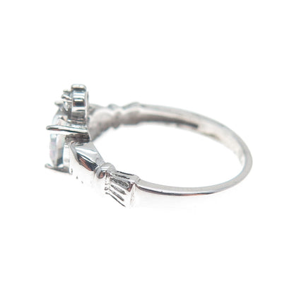925 Sterling Silver Heart-Cut Mystic Quartz & C Z Irish Claddagh Ring Size 6