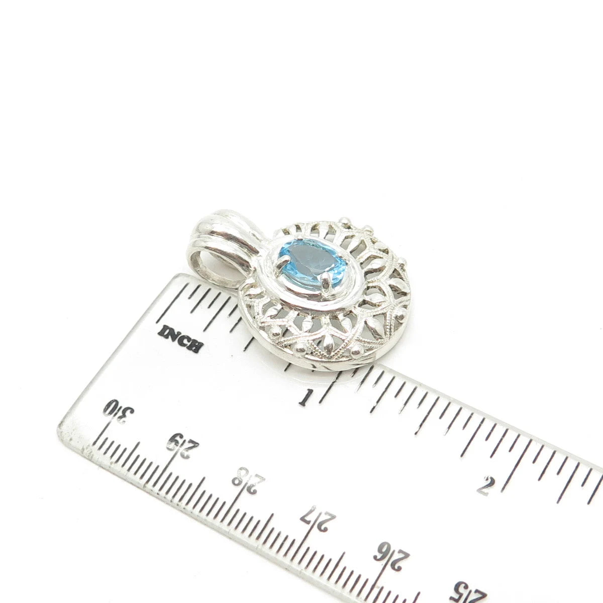 925 Sterling Silver Vintage Real Blue Topaz Gemstone Ornate Pendant