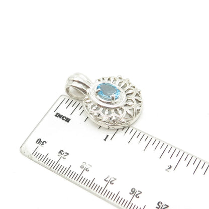 925 Sterling Silver Vintage Real Blue Topaz Gemstone Ornate Pendant