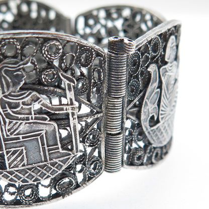 800 Silver Antique Egyptian Storyteller Filigree Oxidized Panel Link Bracelet 7"