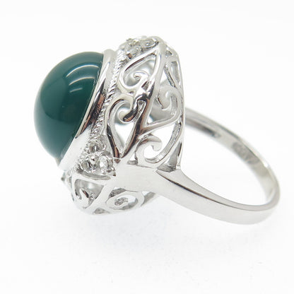 925 Sterling Silver Green Onyx & White Topaz Gem Ornate Swirl Ring Size 7.25