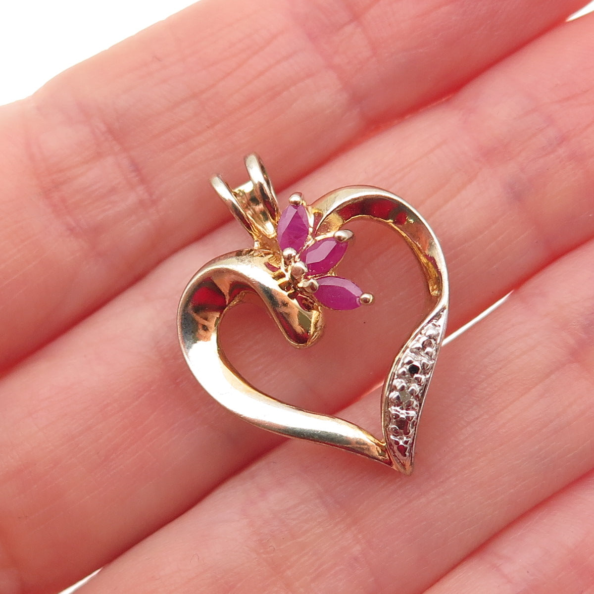 Ross Simons Sterling Silver Gold Plated Real Diamond & Ruby Heart Charm Pendant