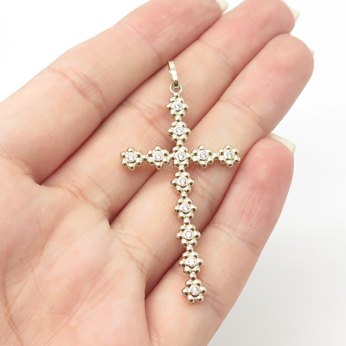 925 Sterling Silver Gold Plated C Z Floral Blossom Cross Pendant