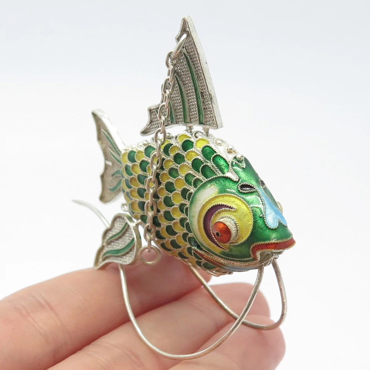 925 Sterling Silver Enamel Antique Chinese Fish Articulated Chatelaine Fob