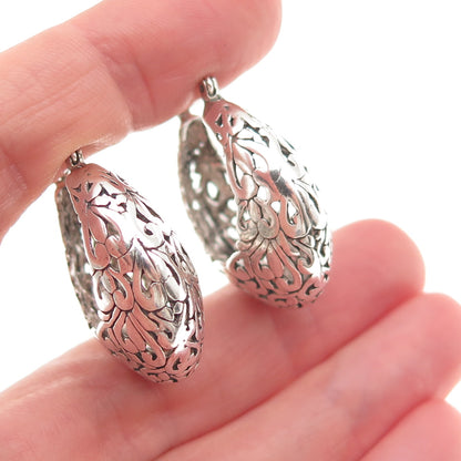Jezlaine 925 Sterling Silver Vintage Ornate Floral Oxidized Hoop Earrings