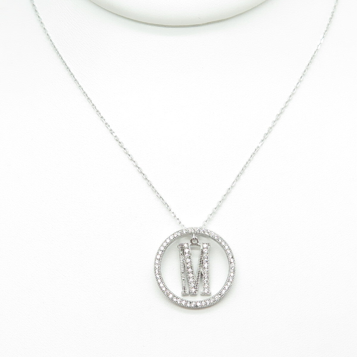 925 Sterling Silver Round-Cut C Z Letter "M" Initial Cable Chain Necklace 16-18"