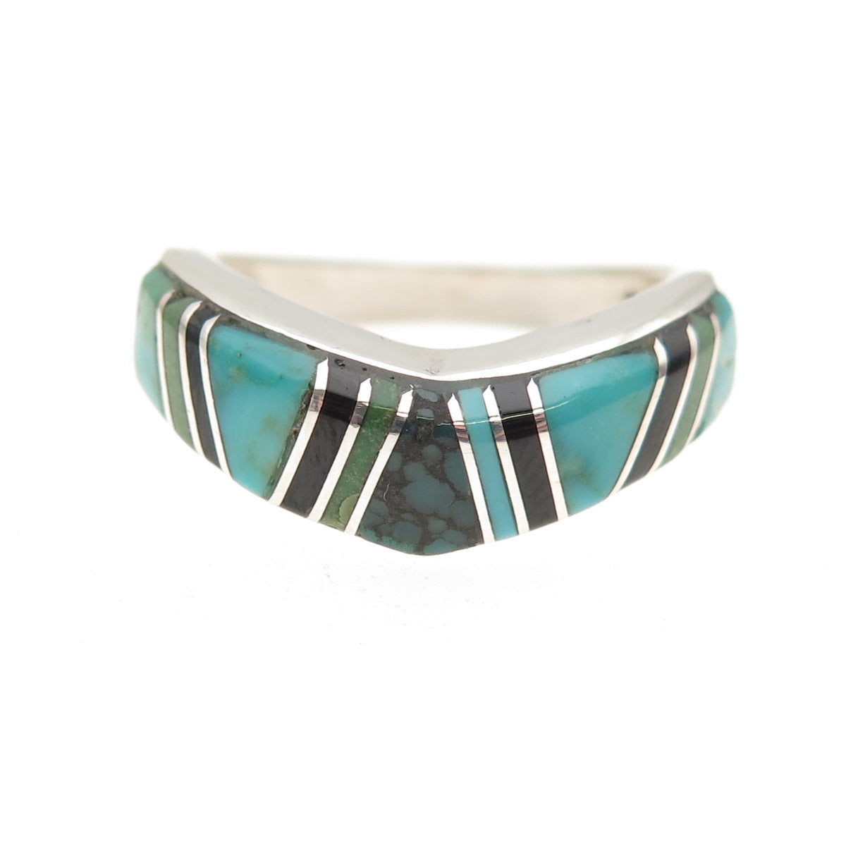Old Pawn 925 Sterling Silver Vintage Turquoise & Black Onyx Wavy Ring Size 8.25