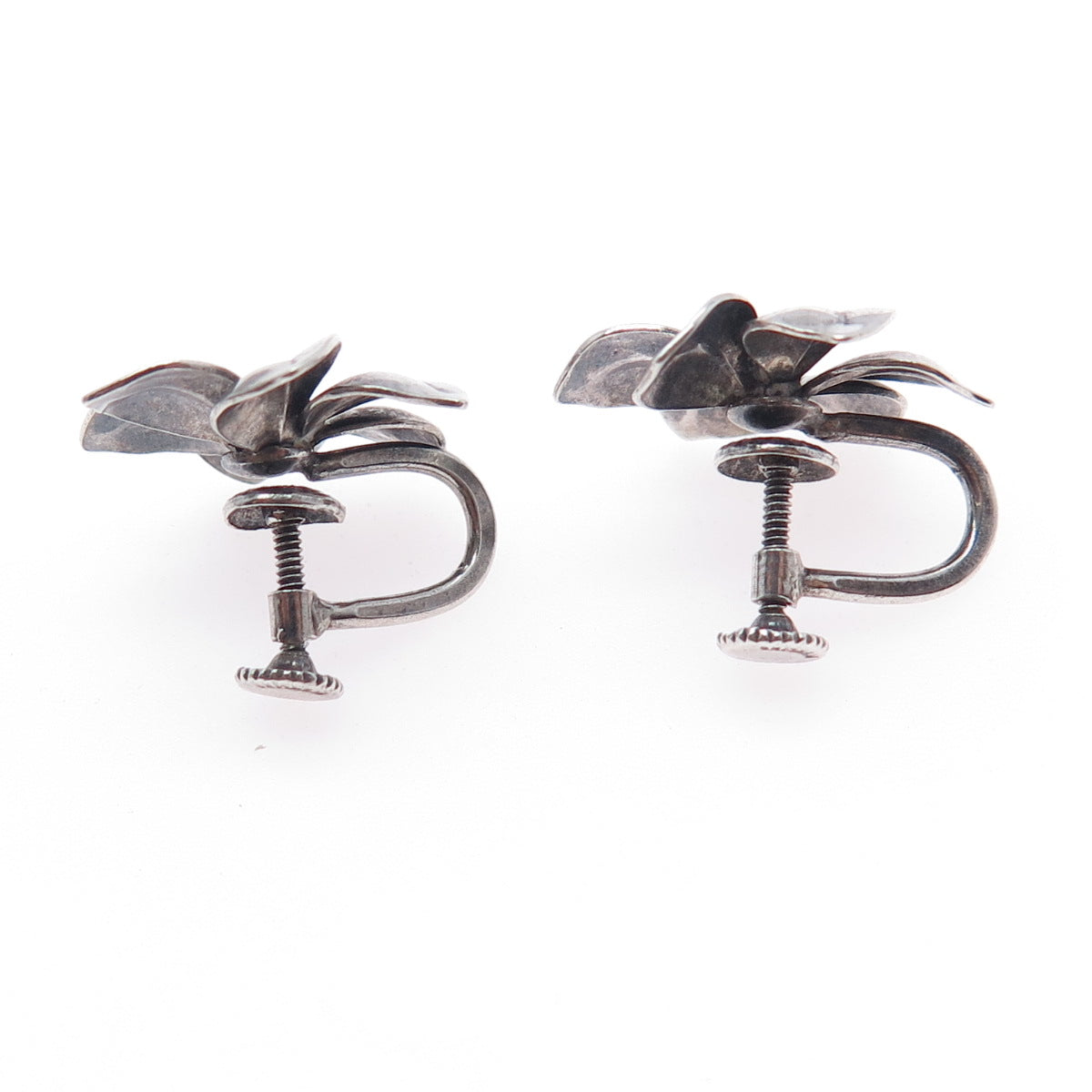 925 Sterling Silver Antique Art Deco Flower Oxidized Screw Back Earrings