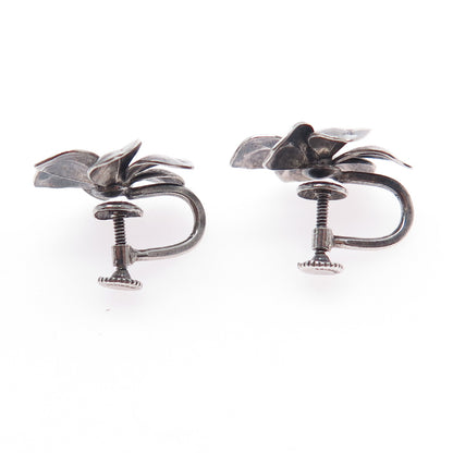 925 Sterling Silver Antique Art Deco Flower Oxidized Screw Back Earrings