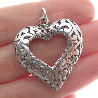 JEZLAINE 925 Sterling Silver Vintage Floral Open Heart Double Sided Pendant