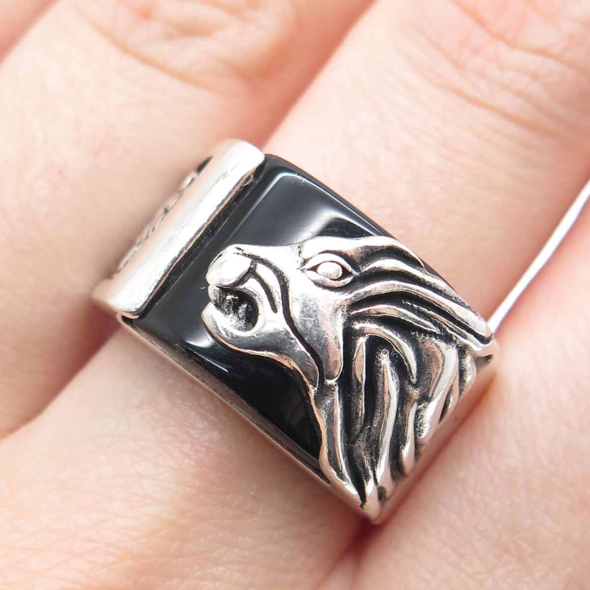 CARLITO'S Sterling Silver Vintage Real Black Onyx Lion Oxidized Ring Size 9.25