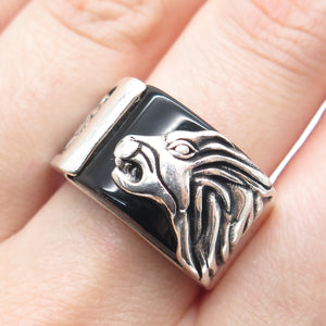 CARLITO'S Sterling Silver Vintage Real Black Onyx Lion Oxidized Ring Size 9.25