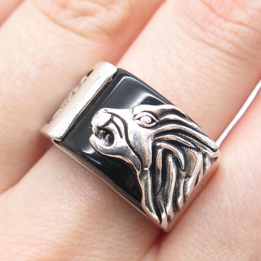 CARLITO'S Sterling Silver Vintage Real Black Onyx Lion Oxidized Ring Size 9.25