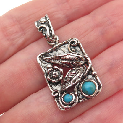 925 Sterling Silver Vintage Real Turquoise Floral Oxidized Charm Pendant