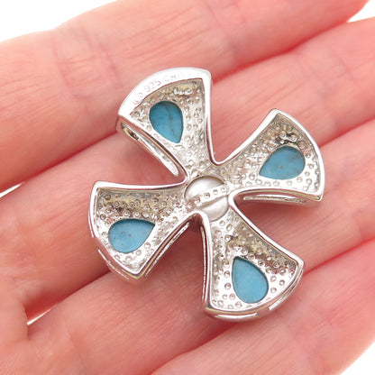 925 Sterling Silver Real Pearl & Turquoise Cross Slide Pendant