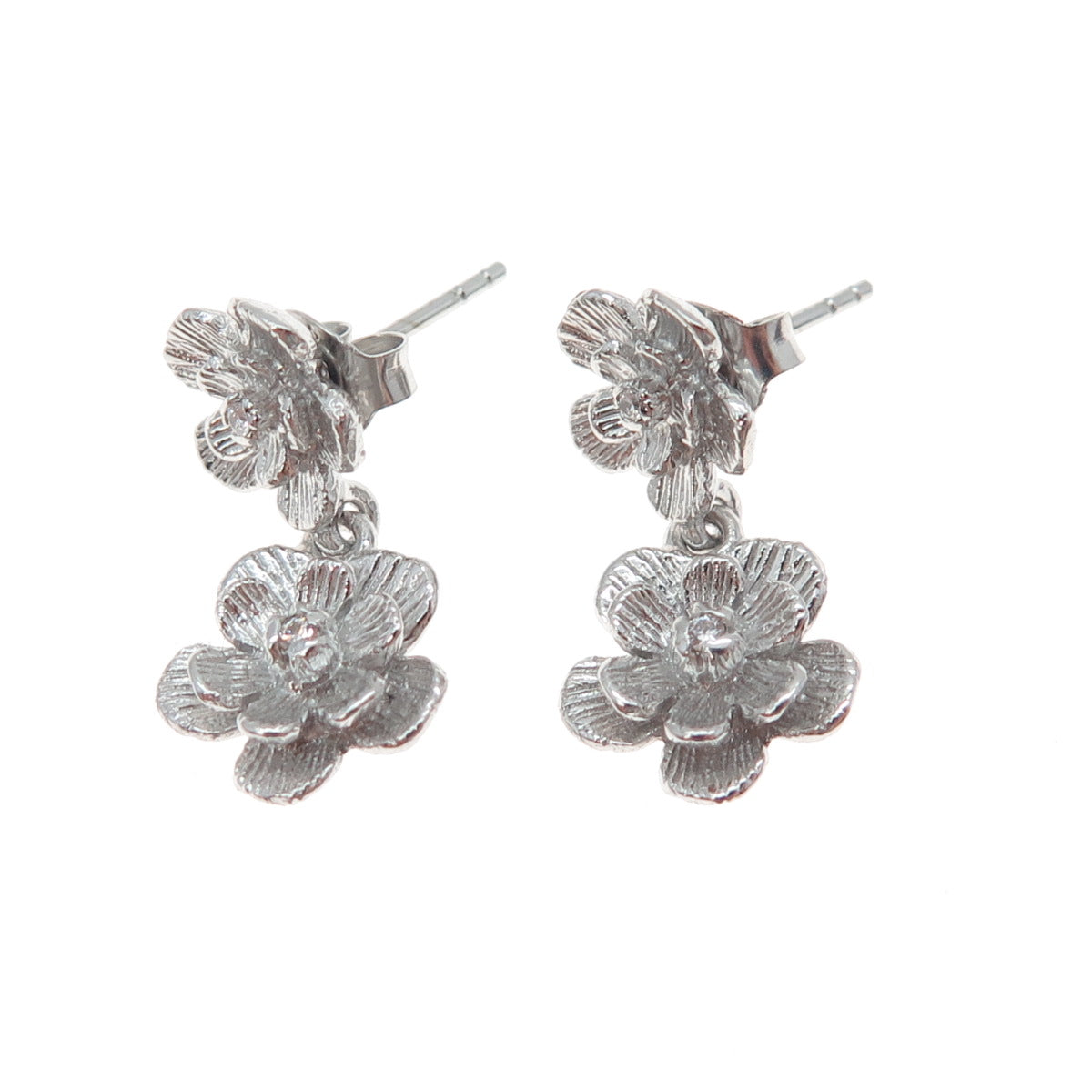 925 Sterling Silver Round-Cut C Z Flower Blossom Dangle Earrings