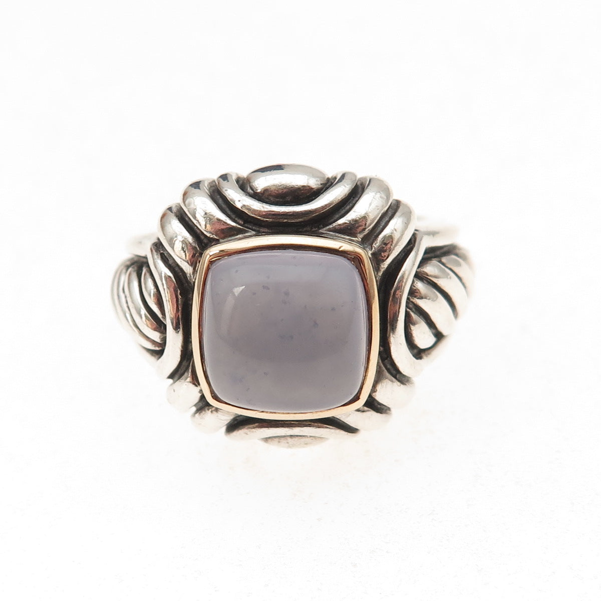 Samuel Benham Sterling Silver 14K Gold Vintage Real Chalcedony Ring Size 8.25