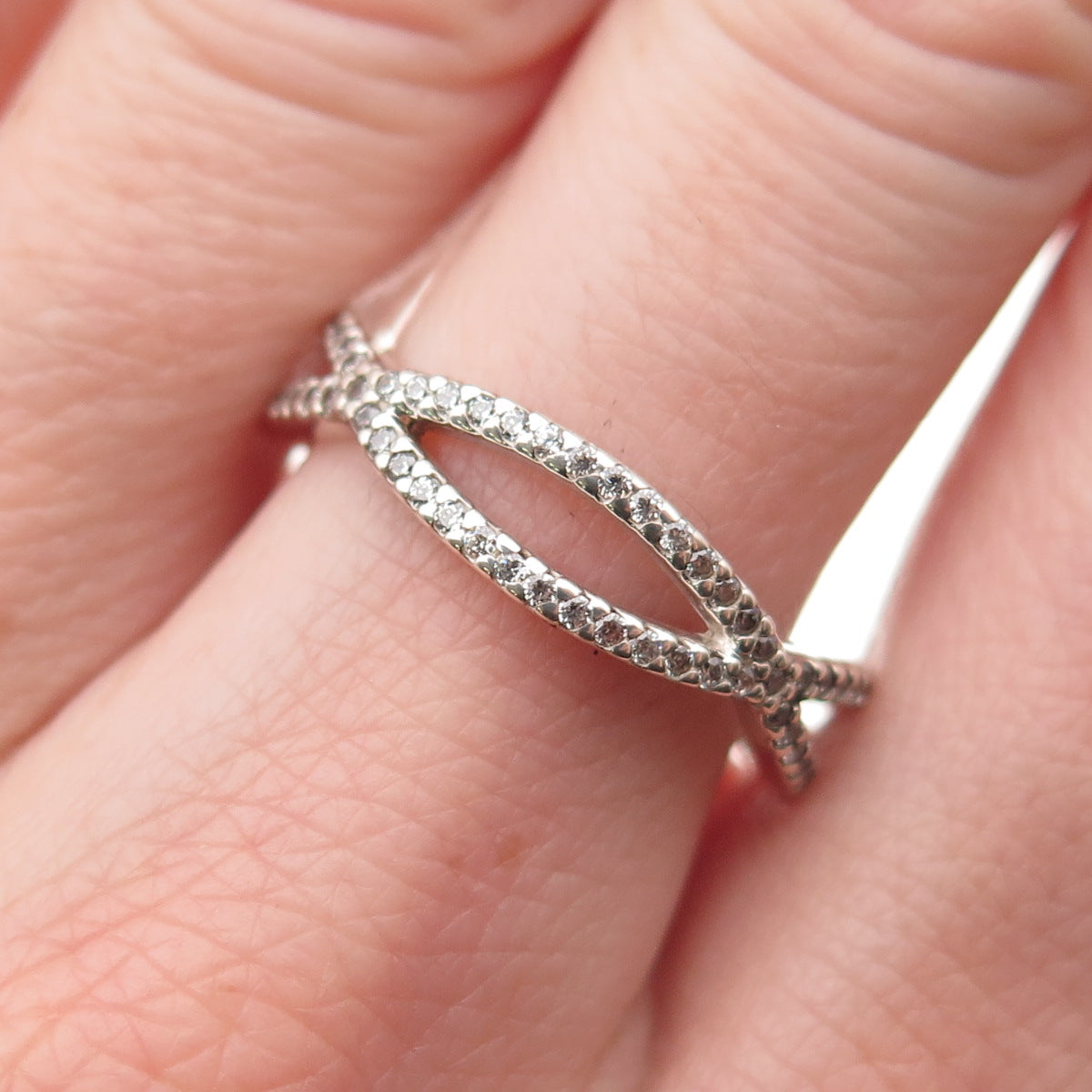 Pandora 925 Sterling Silver Round-Cut C Z Crossed Paths Ring Size 8.25