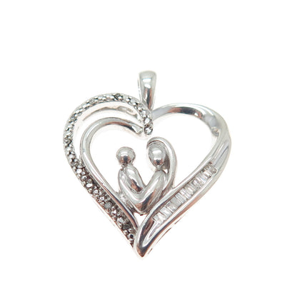 SUN 925 Sterling Silver Real Multi-Cut Diamond Mom & Child Heart Charm Pendant
